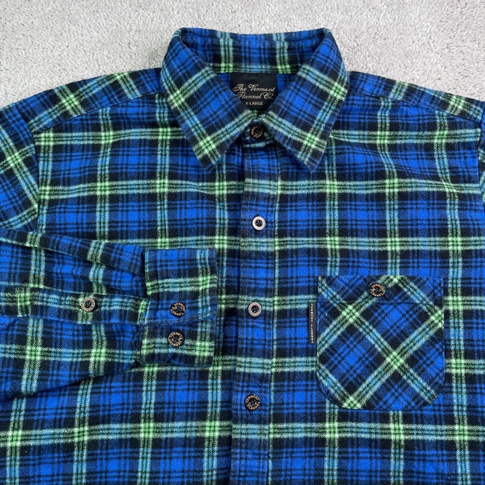 Vermont Flannel Co Shirt Mens XL Blue Green Plaid Button Up Heavy Lumberjack USA